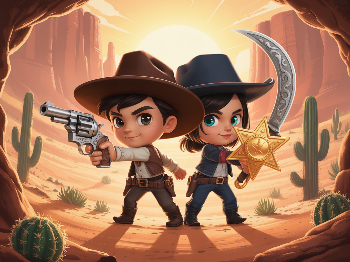 Chibi adventurer duo, one boy and one girl, standing back-to-back with weapons, stylized fantasy Western style
