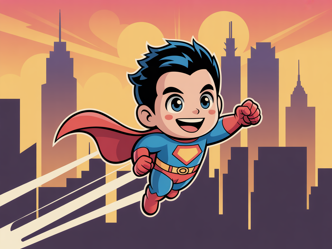 Chibi superhero in colorful costume, tiny cape fluttering, city skyline background, comic book style