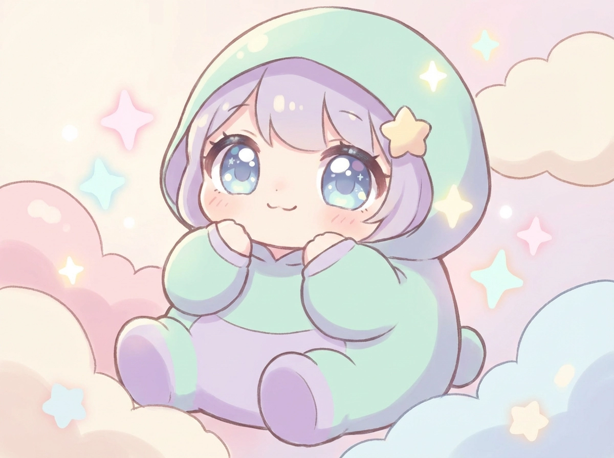 Personagem chibi fofo com olhos grandes e brilhantes, proporções corporais pequenas, paleta de cores pastéis, iluminação suave, estilo de ilustração anime