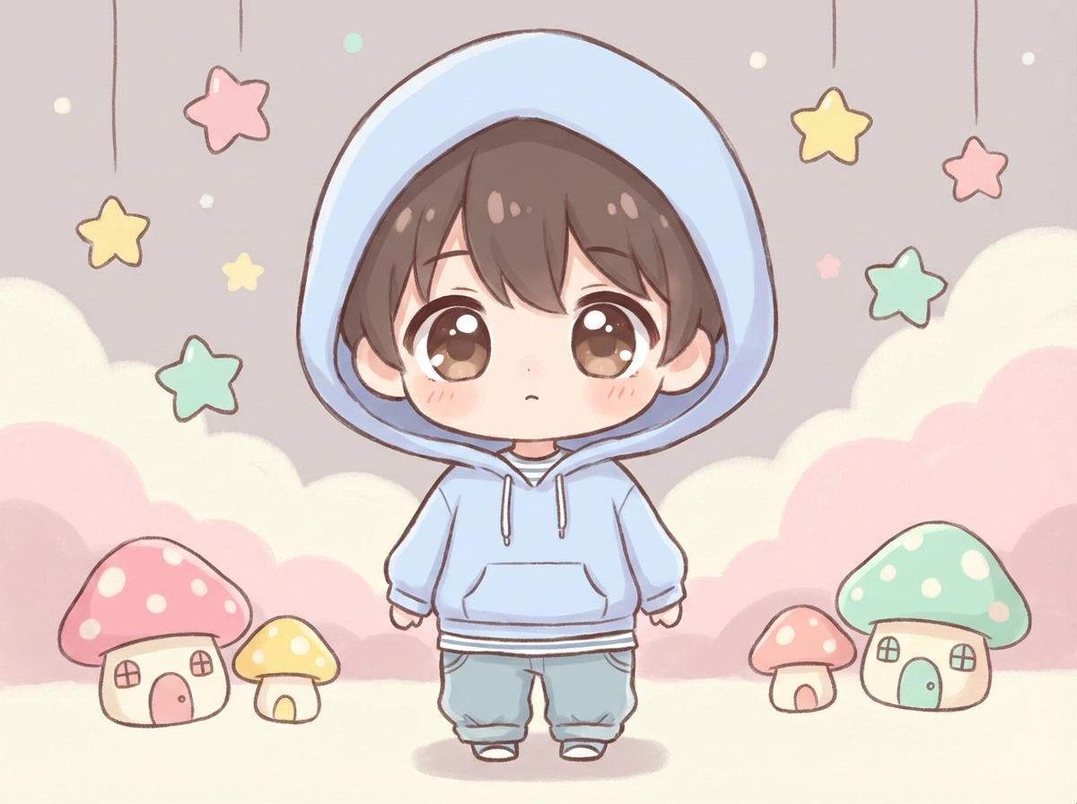 Personagem chibi menino, olhos grandes e redondos, corpo minúsculo, roupa casual, fundo pastel, ilustração anime kawaii