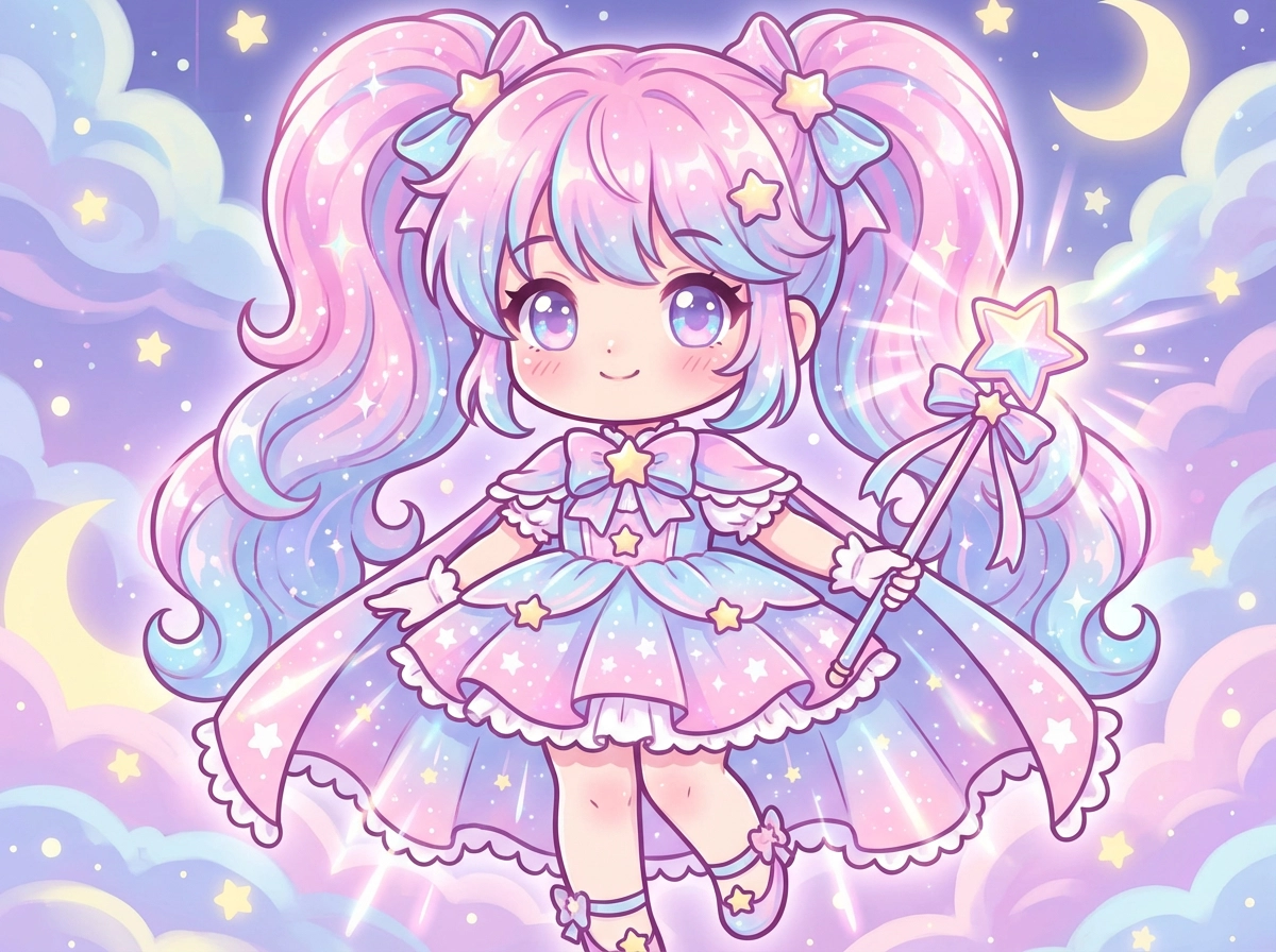 Menina mágica chibi, figurino temático de estrelas, efeitos de brilho suave, paleta de cores rosa e azul, arte de fantasia fofa
