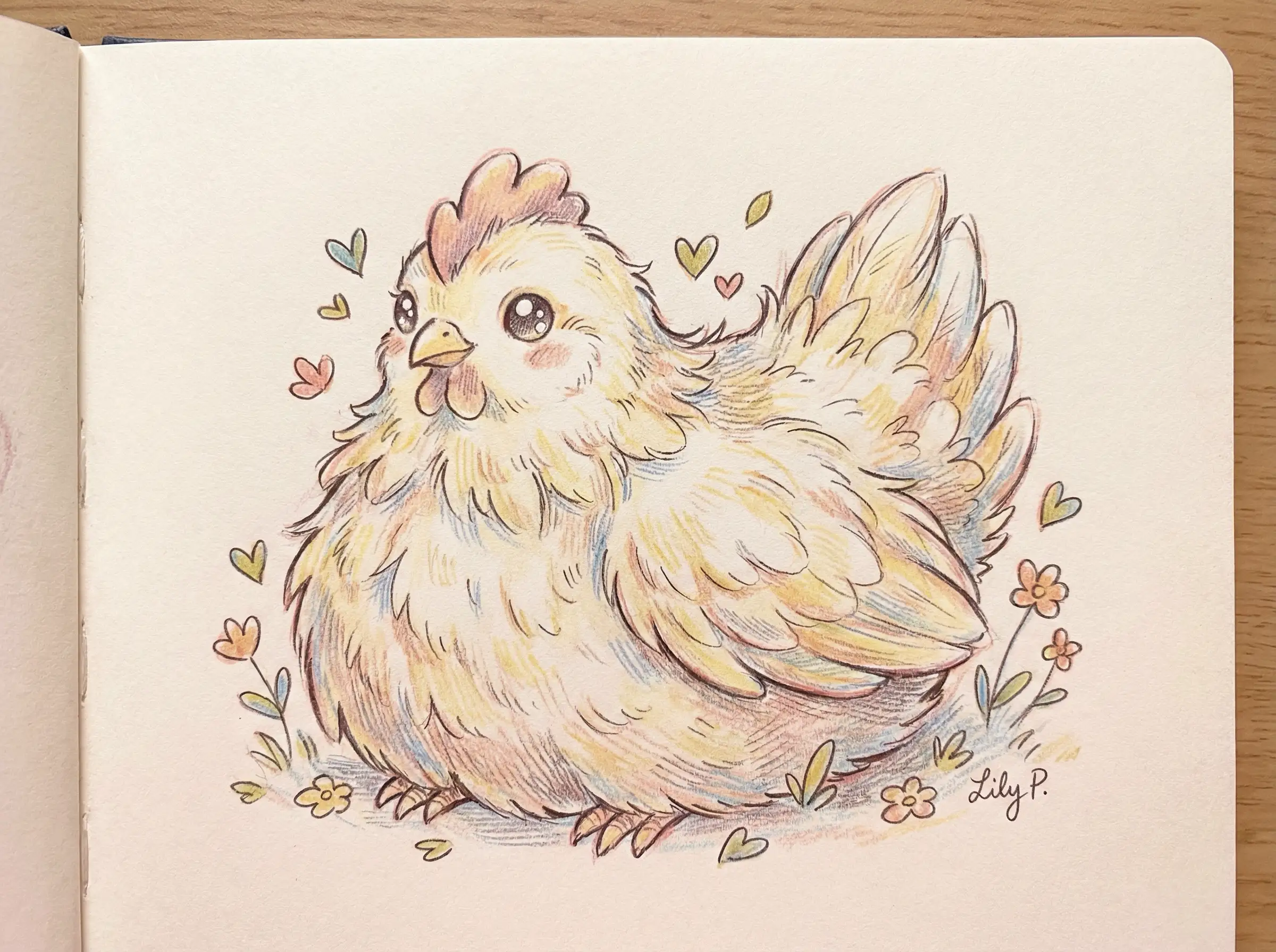 푹신한 깃털, 둥근 몸매, 밝은 눈, 따뜻한 파스텔 색상, 부드러운 음영, 사랑스러운 일러스트 스타일의 귀여운 손그림 닭