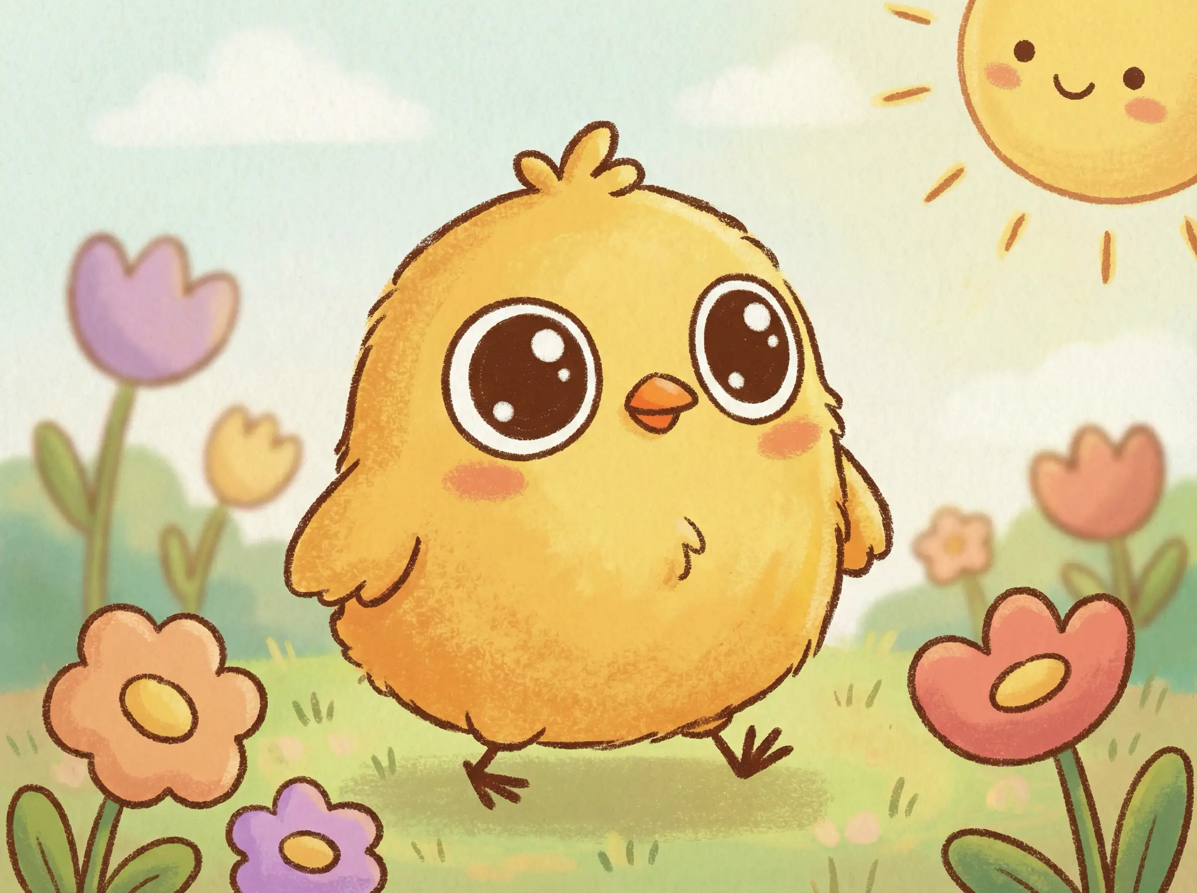 큰 둥근 눈, 푹신한 노란 깃털, 간단한 형태, 어린이 책 스타일의 귀여운 만화 병아리