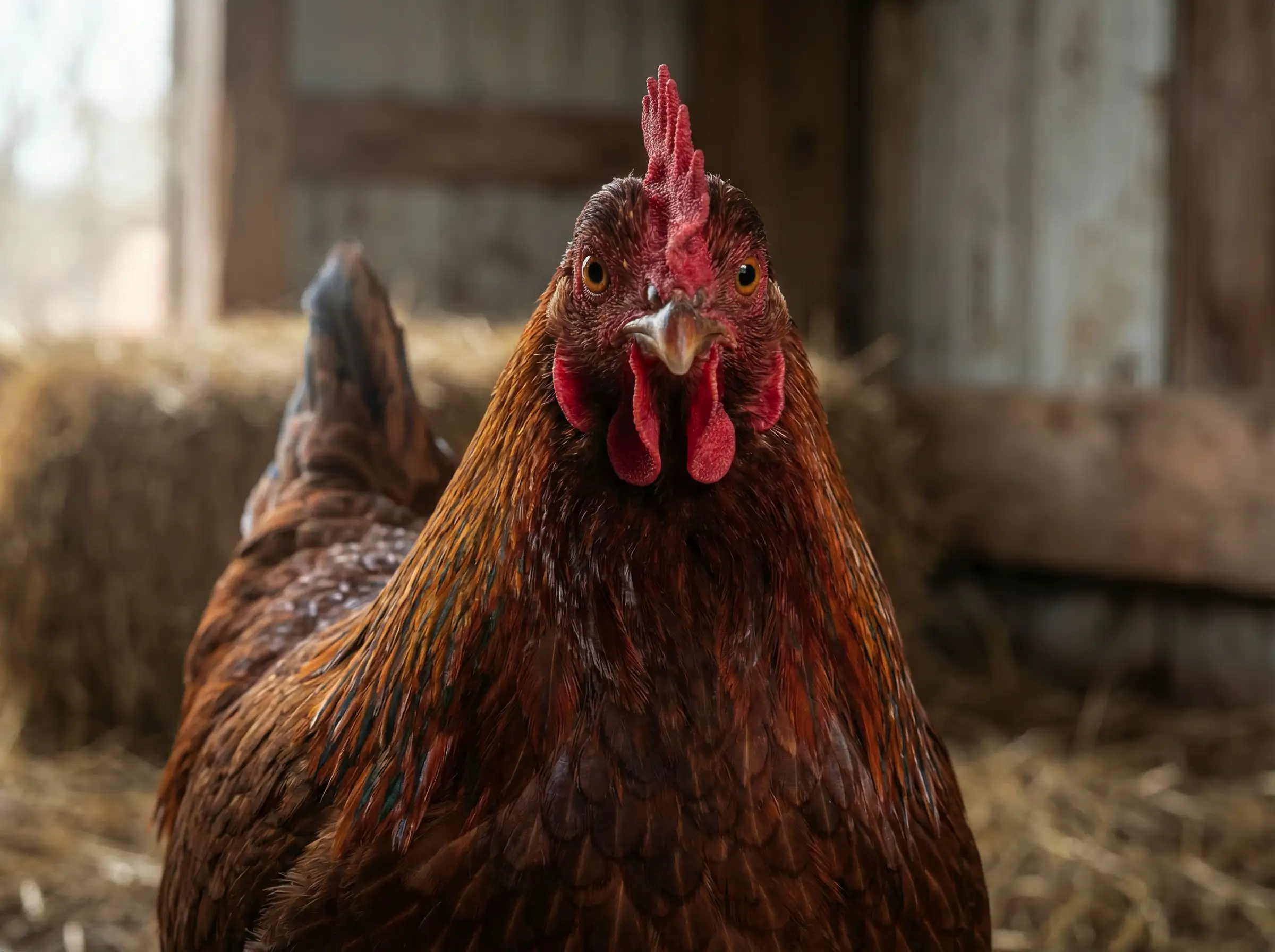 텍스처 깃털, 부드러운 하이라이트, 자연스러운 따뜻한 톤의 초현실적 닭 초상화