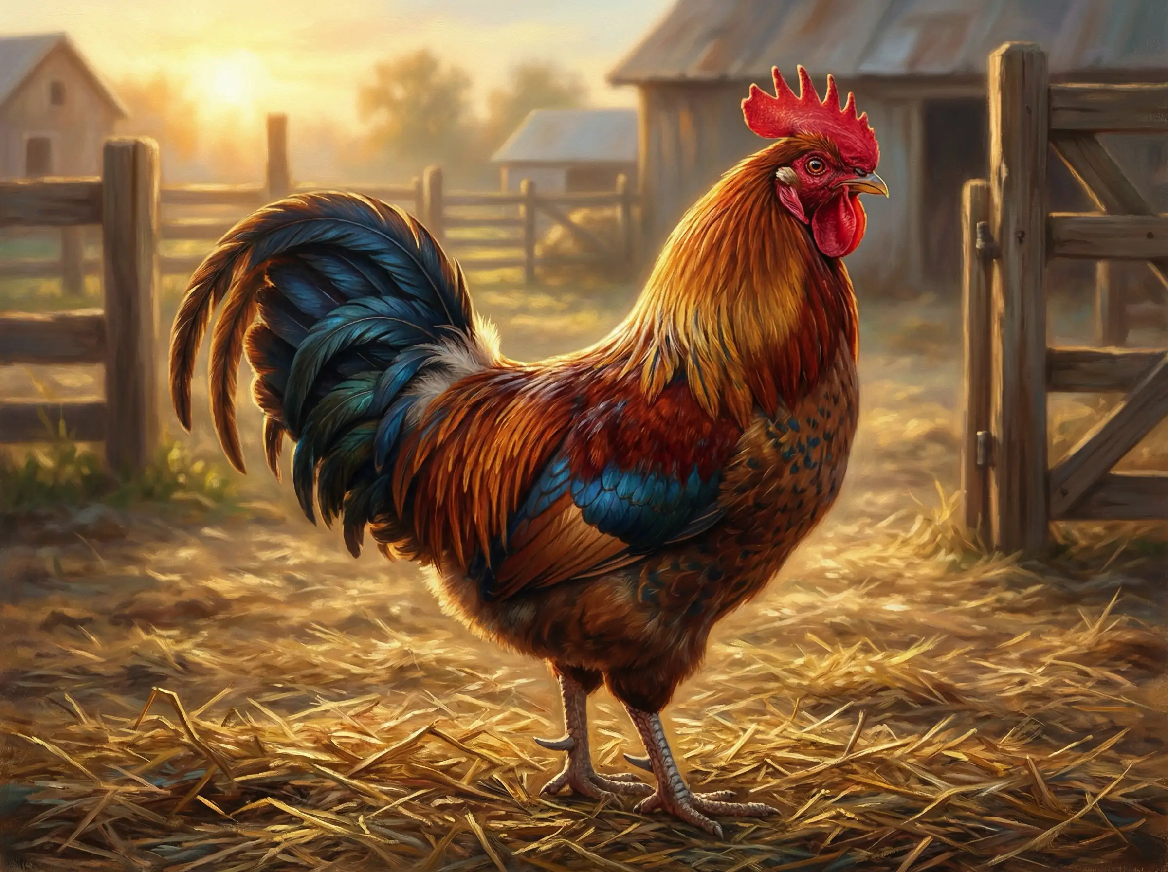 상세한 깃털, 따뜻한 자연광, 농장 분위기, 생생한 텍스처의 사실적 수탉 일러스트