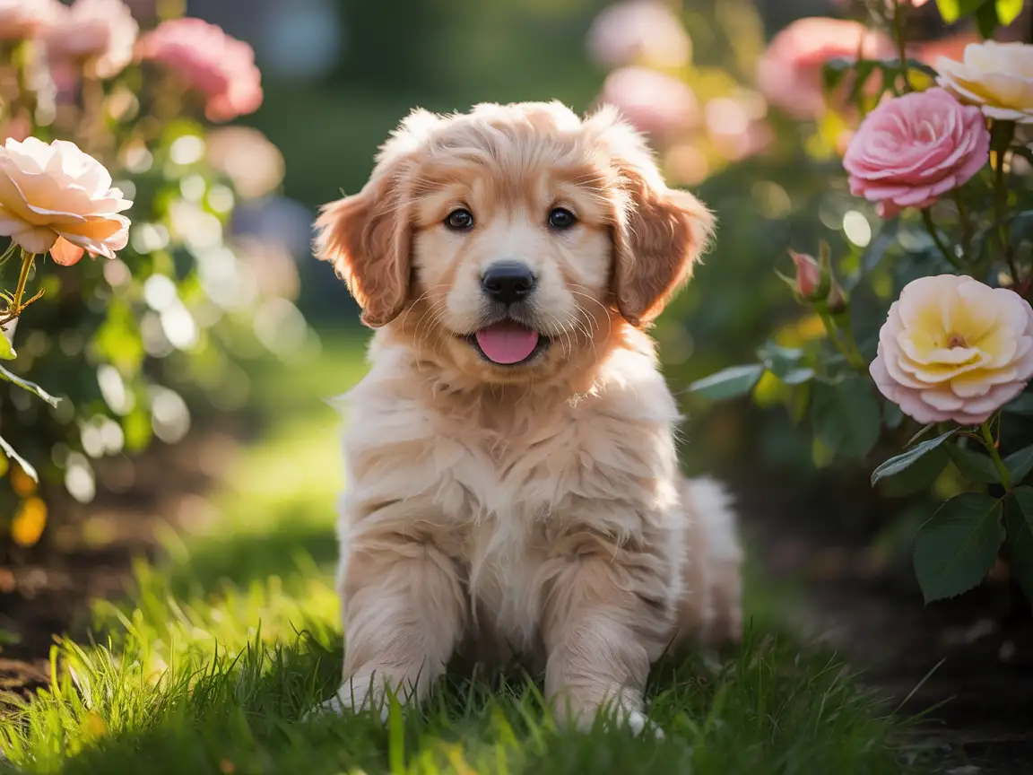 Chubby golden retriever puppy sitting in a sunny garden, soft fur texture, realistic lighting, playful expression
