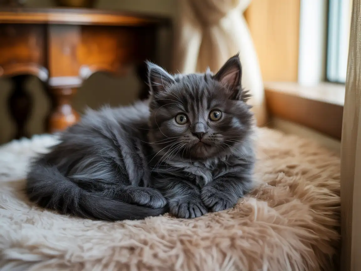 Plump black kitten curled up on a cozy blanket, warm indoor lighting, detailed fur, cute face