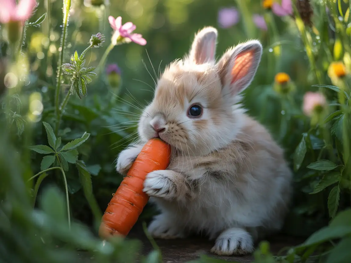 Chubby baby bunny nibbling on a carrot, garden scene, sunlight and soft shadows, lifelike textures