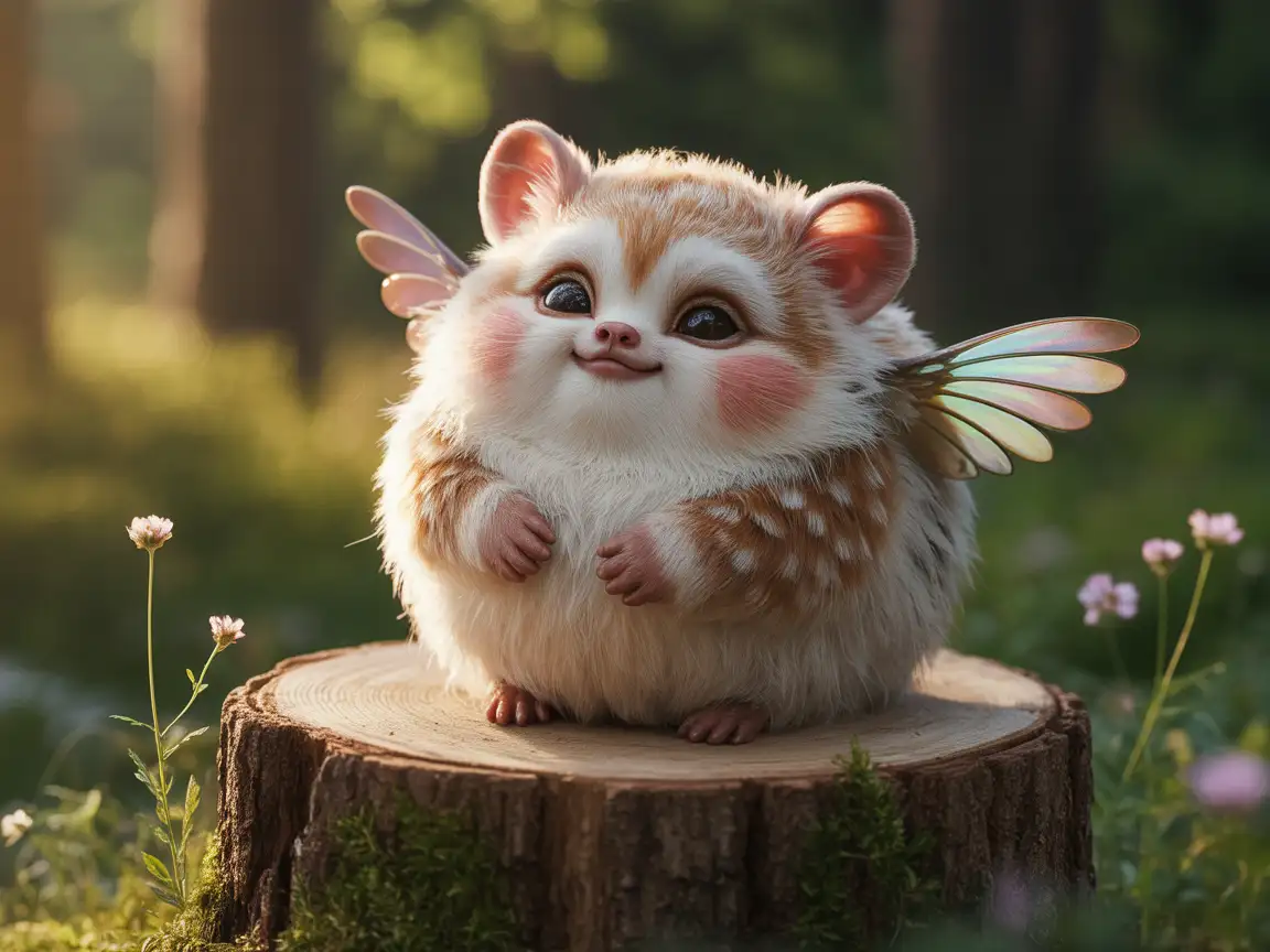 Plump fantasy creature with chubby body and tiny wings, sitting on a tree stump, warm lighting, cute expression