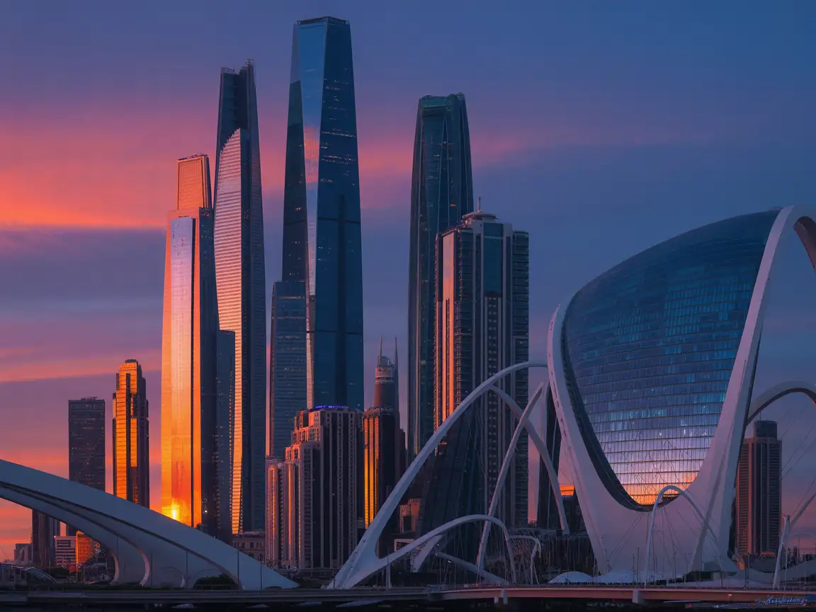 futuristic city skyline at sunrise, glass skyscrapers reflecting light, ultra-detailed architecture, cinematic atmosphere
