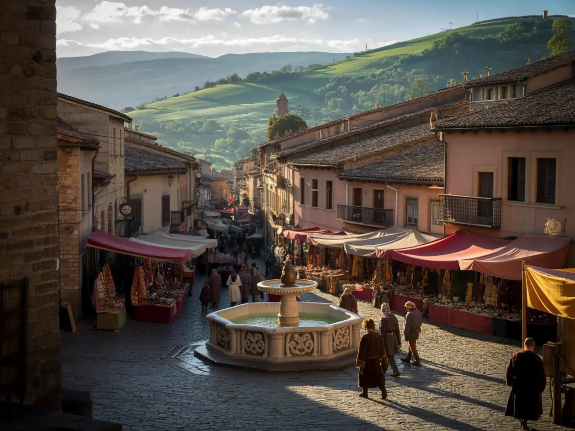 medieval city with stone walls, cobblestone streets, market square, soft sunlight