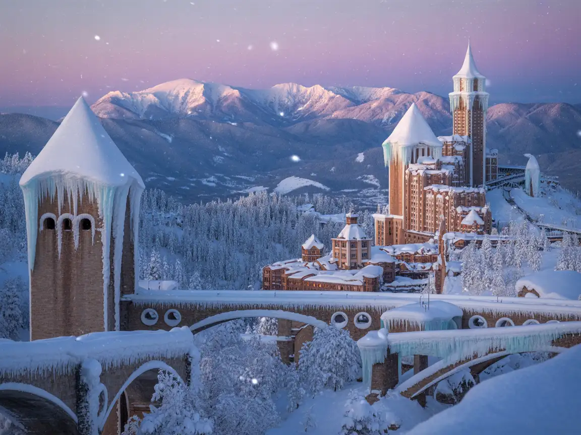 snowy mountain city with icy towers and frozen bridges, realistic snow particles