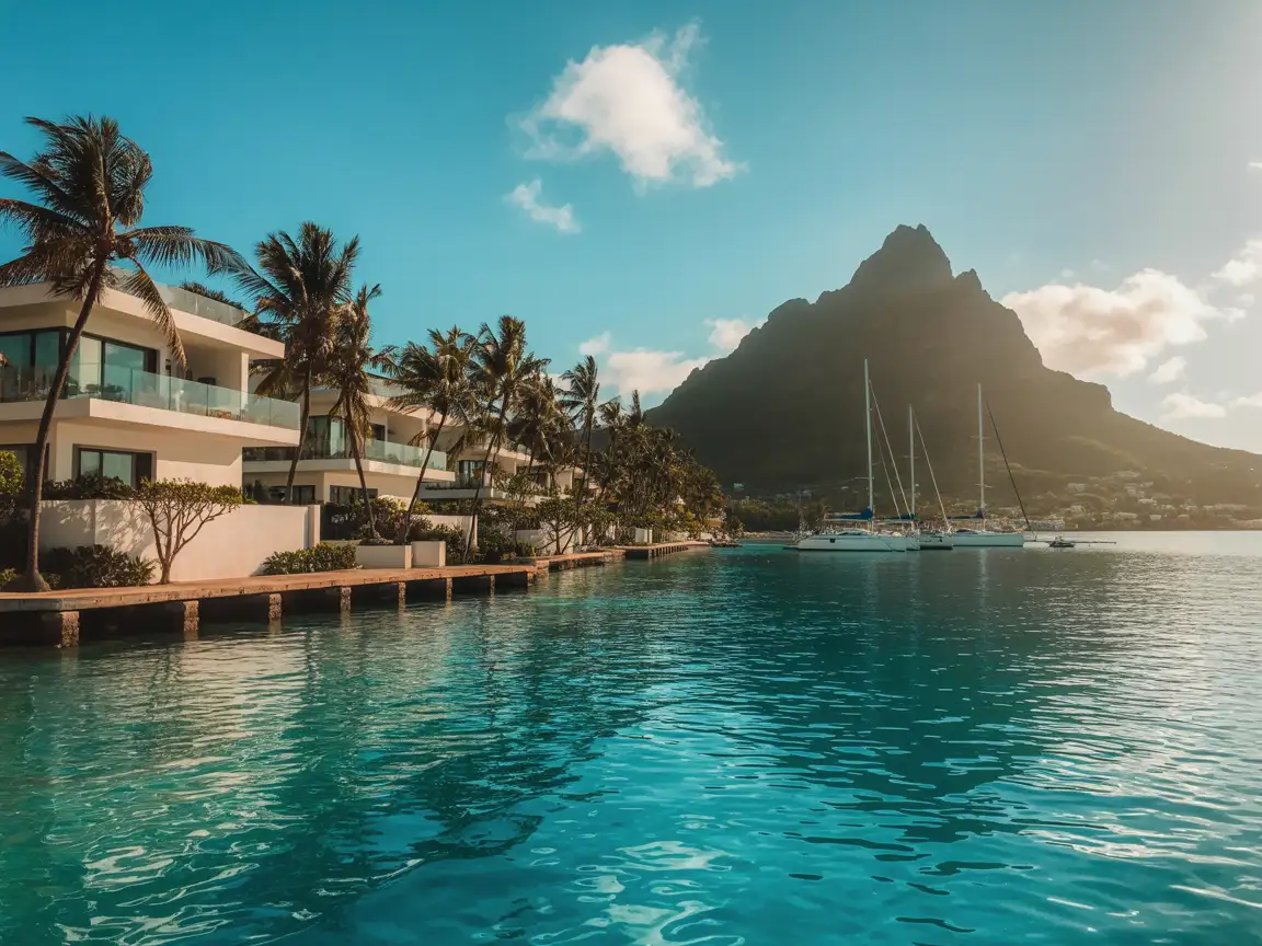 tropical island city surrounded by turquoise ocean, modern villas, palm-lined streets