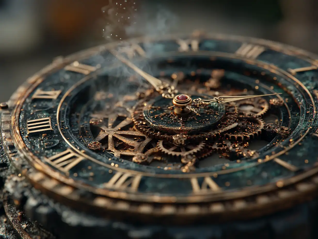 Bronze clock surrounded by intricate gears and cogs, soft smoke rising, warm amber light, cinematic detail