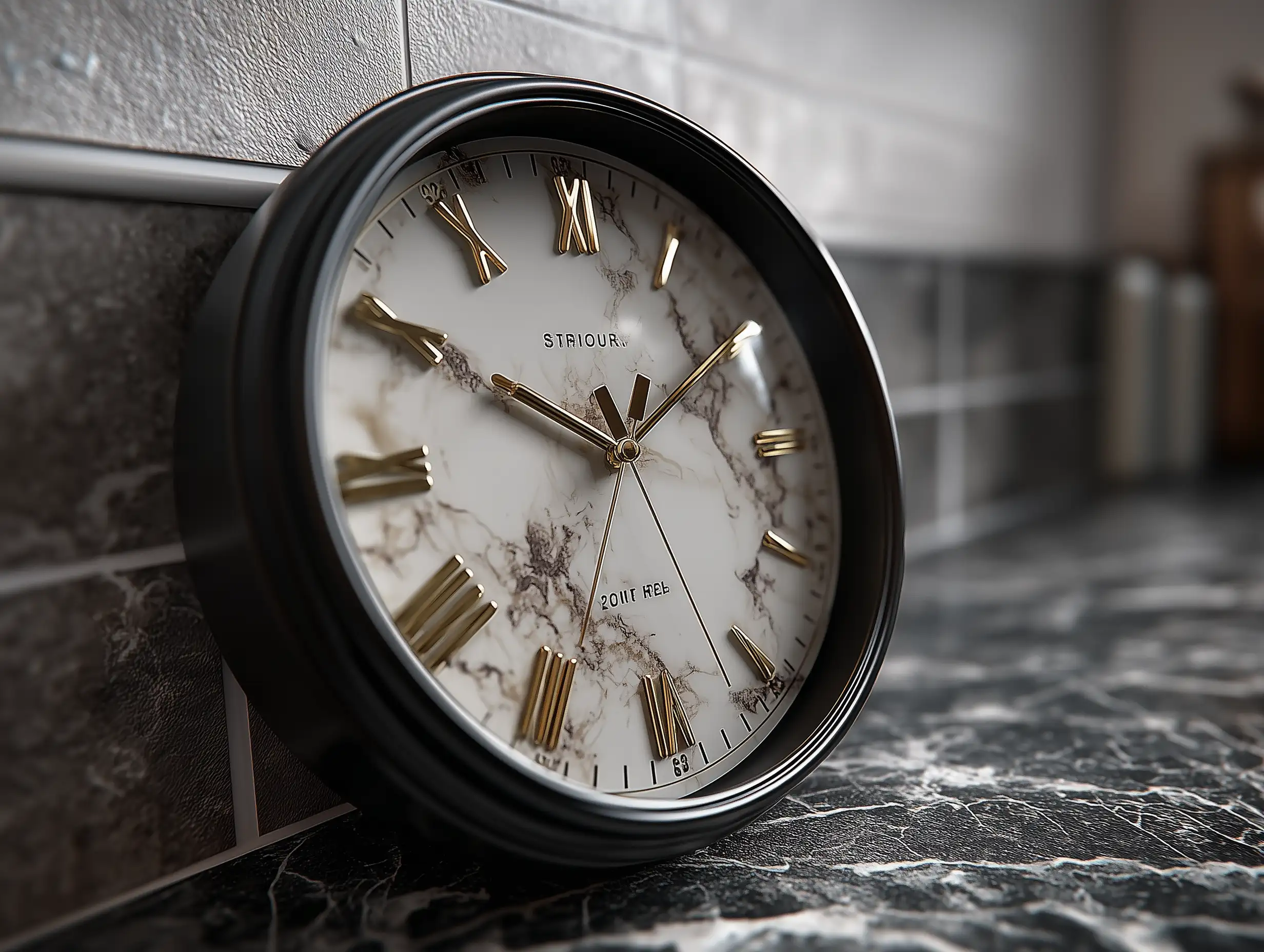 Elegant black-and-white wall clock on marble surface, clean composition, luxury editorial style