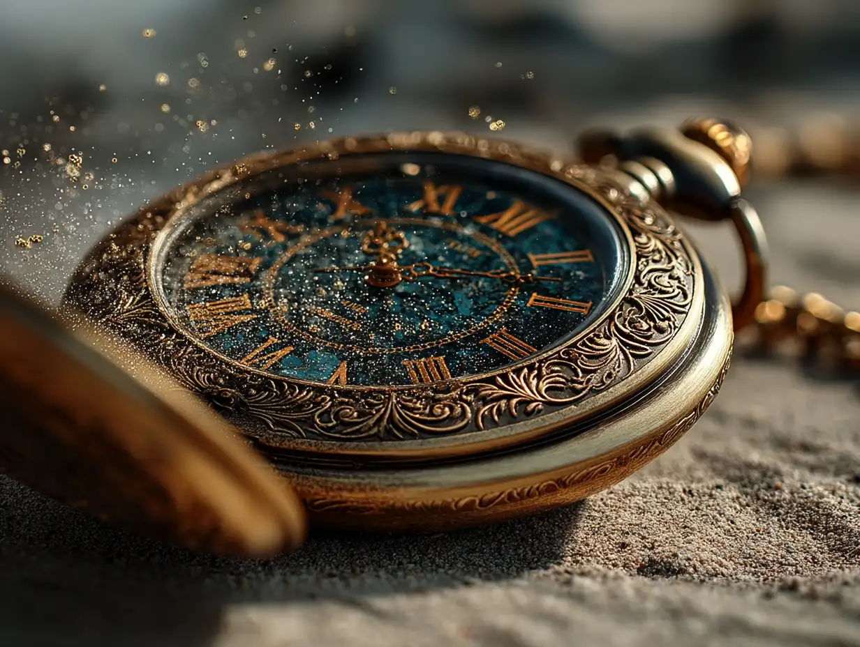 Golden pocket watch open under sunlight, engraved details, dust particles floating in air, nostalgic cinematic tone