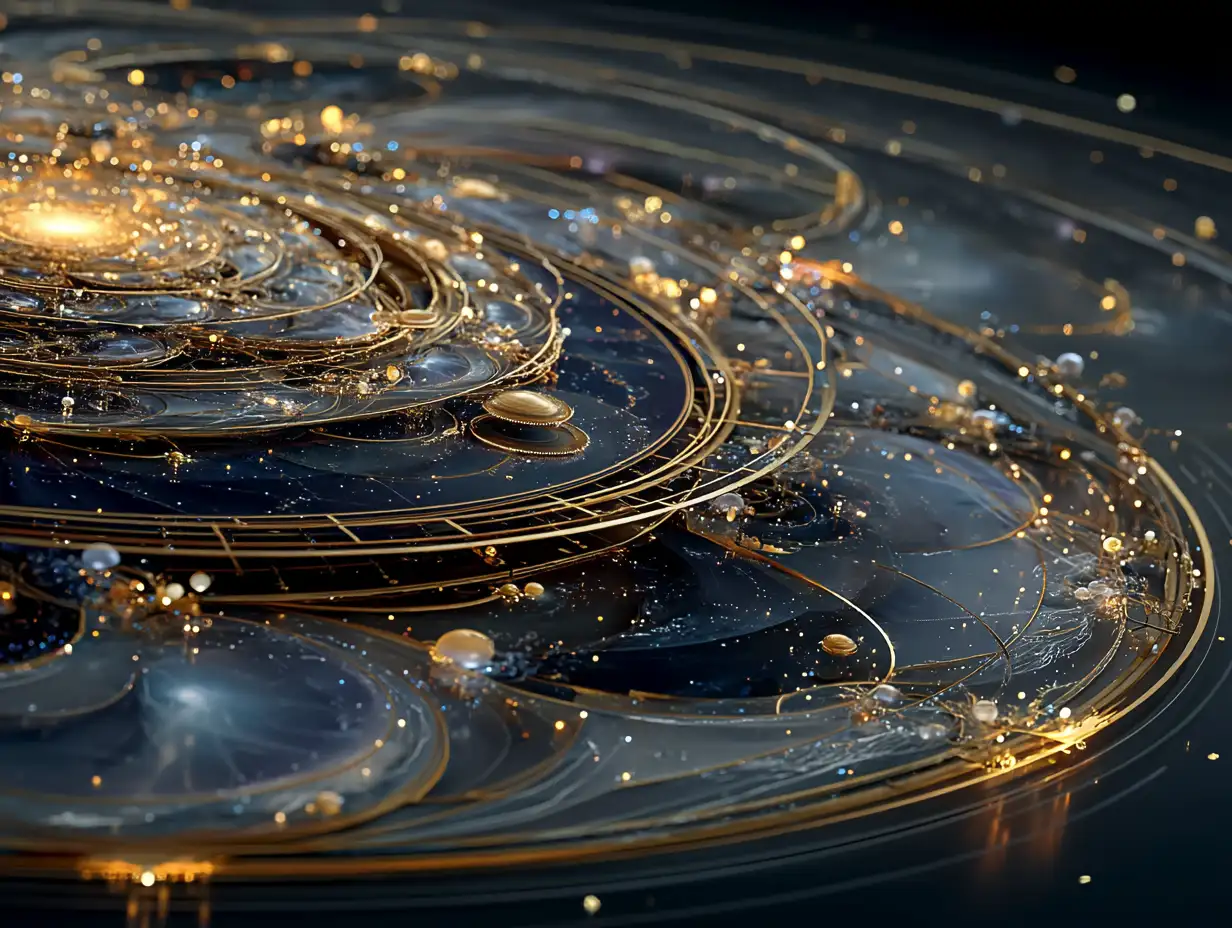 Abstract composition of floating clock parts and rings forming an infinity loop, cosmic background, glowing highlights