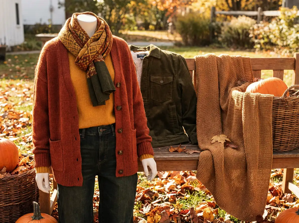 Seasonal clothing collection look, autumn or spring fashion style, warm color tones, balanced composition, high-quality clothing image