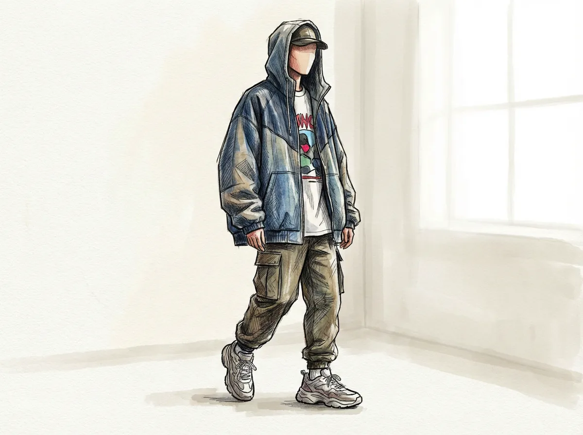 Casual clothing outfit image, modern streetwear style, clean background, natural lighting, high detail fabric texture, fashion illustration style