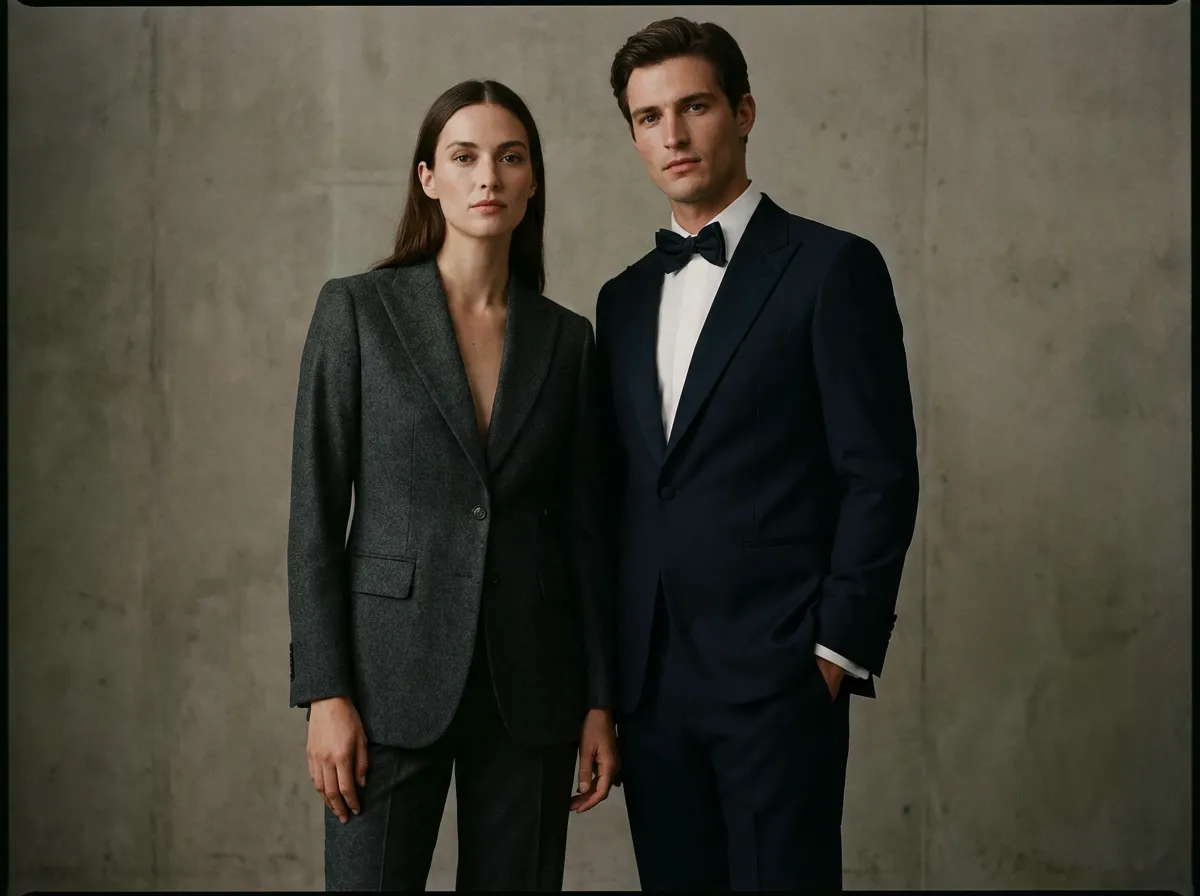 Elegant formal clothing outfit, tailored suit or dress, refined posture, soft studio lighting, premium fashion photography style