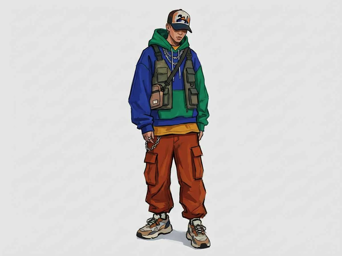 Streetwear clothing outfit, layered fashion pieces, bold colors, urban style, clean background, modern fashion illustration