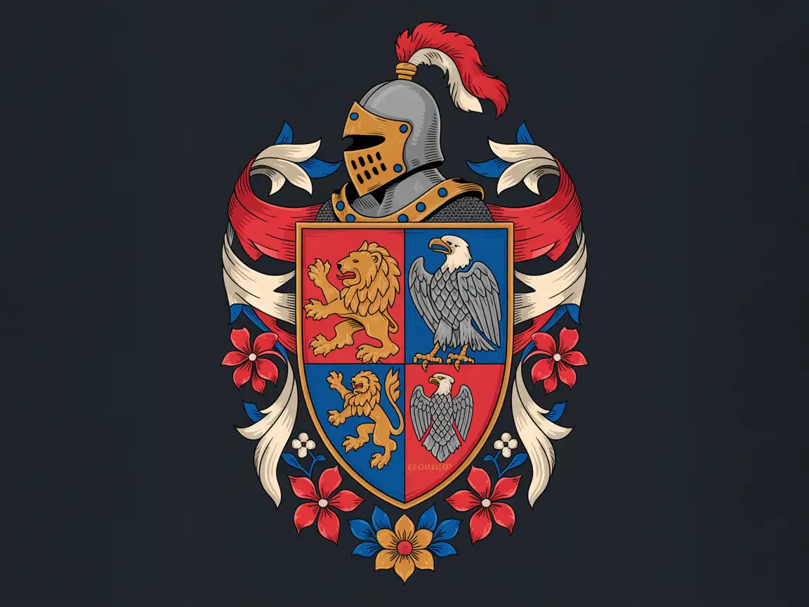 A coat of arms featuring a golden lion and a silver eagle prominently displayed on a shield divided into red and blue sections.
