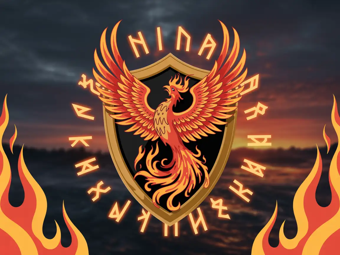 A majestic phoenix rising from brilliant flames, prominently displayed on a gleaming gold shield.