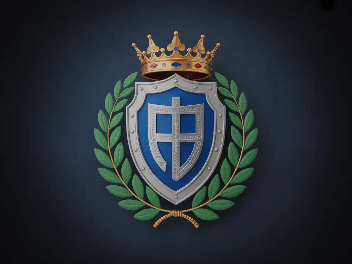 A blue and silver heraldic shield featuring intricate designs, surrounded by green laurel wreaths. The shield is topped with a royal crown adorned with gold embellishments.