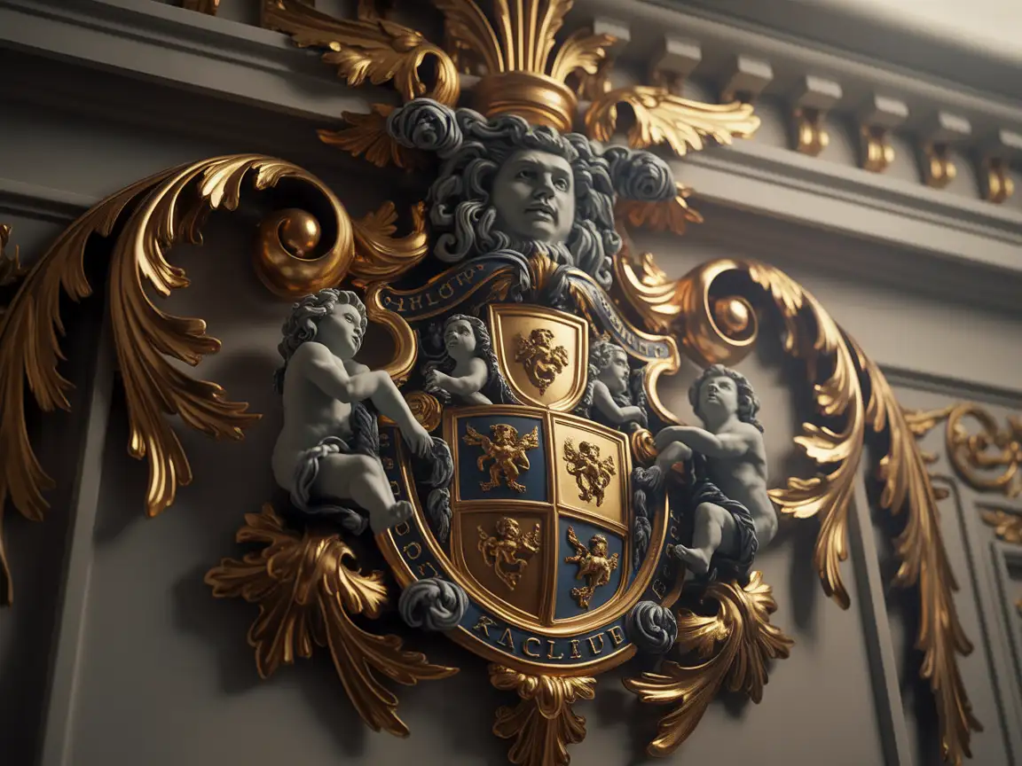 A highly detailed coat of arms featuring symmetrical shields adorned with cherubs, decorative scrolls, and accents of gold leaf.