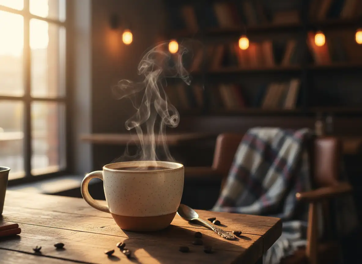 Hot coffee cup with steam rising, rich dark coffee, ceramic mug, warm morning light, cozy café atmosphere, realistic food photography