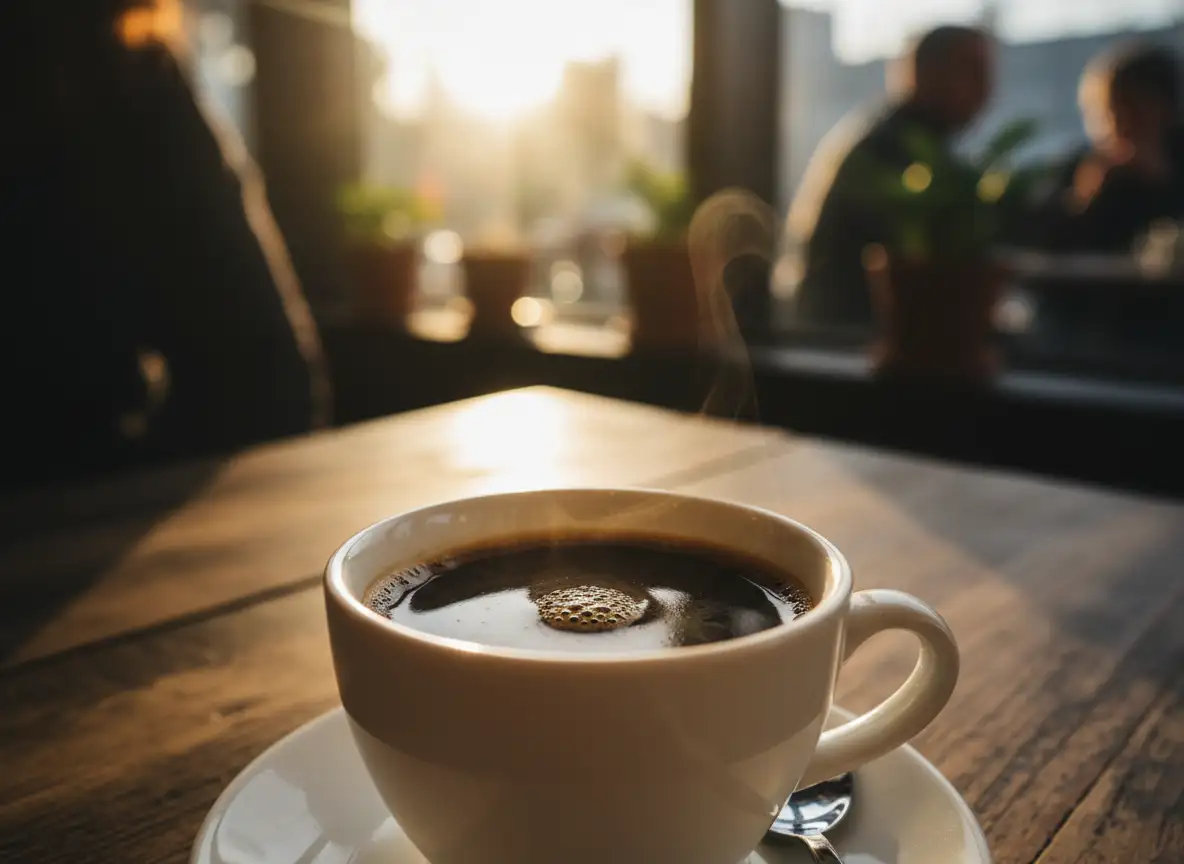 Realistic espresso cup on café table, deep black coffee, crema on top, warm ambient lighting