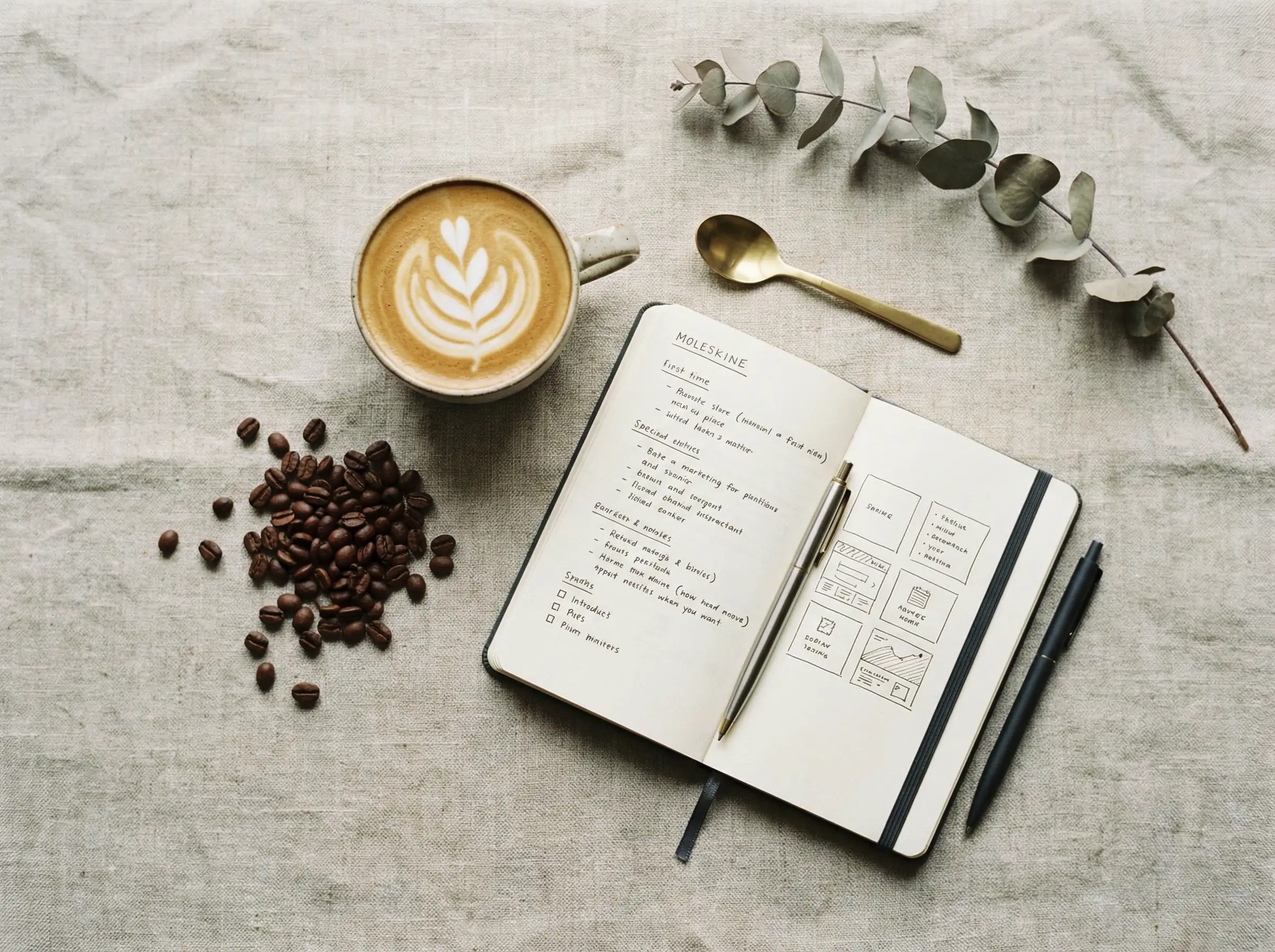 Flat lay coffee scene with beans, cup, and notebook, minimalist aesthetic, neutral tones