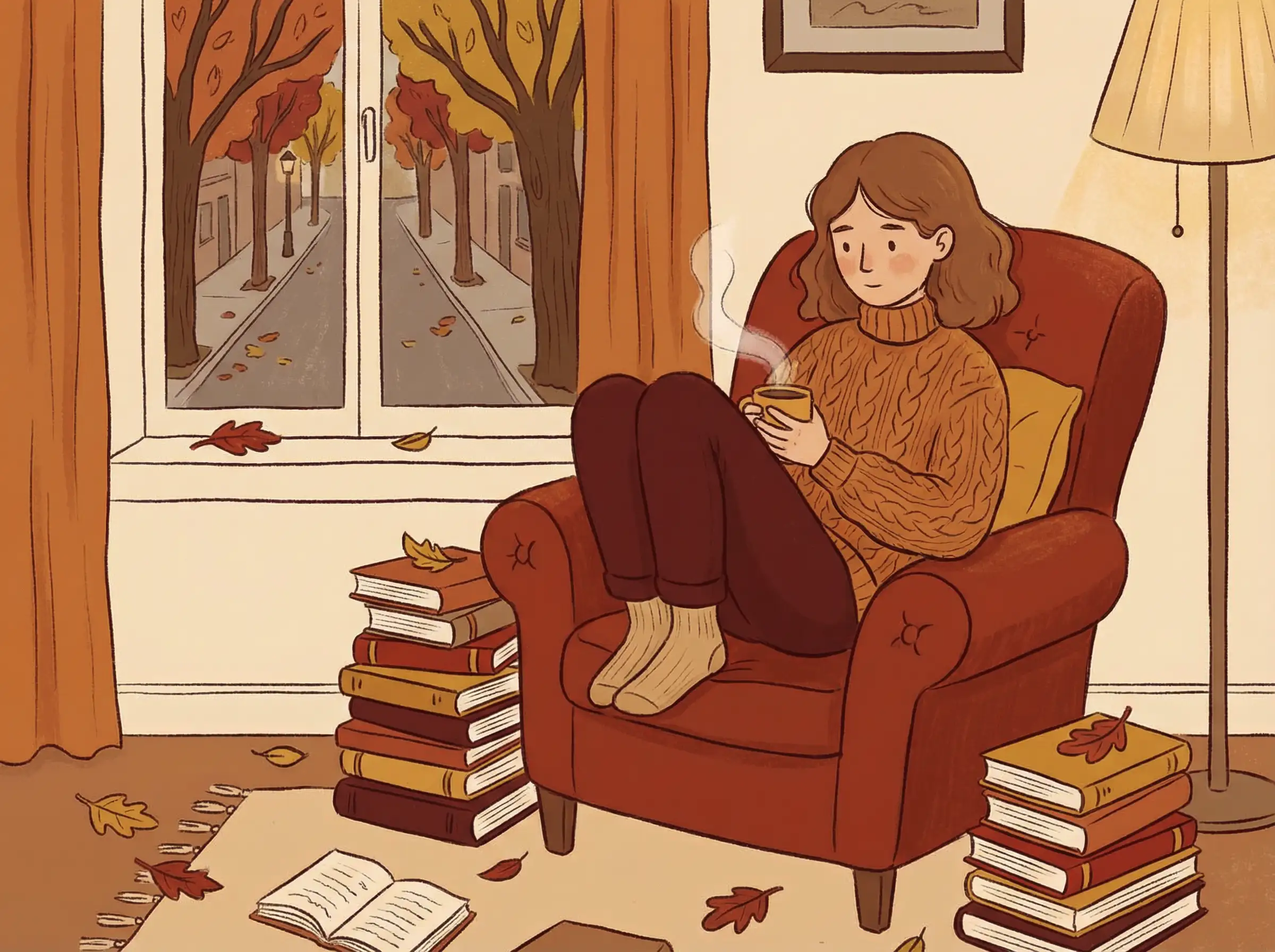 Cozy autumn coffee illustration, warm colors, soft lighting, relaxing lifestyle art style