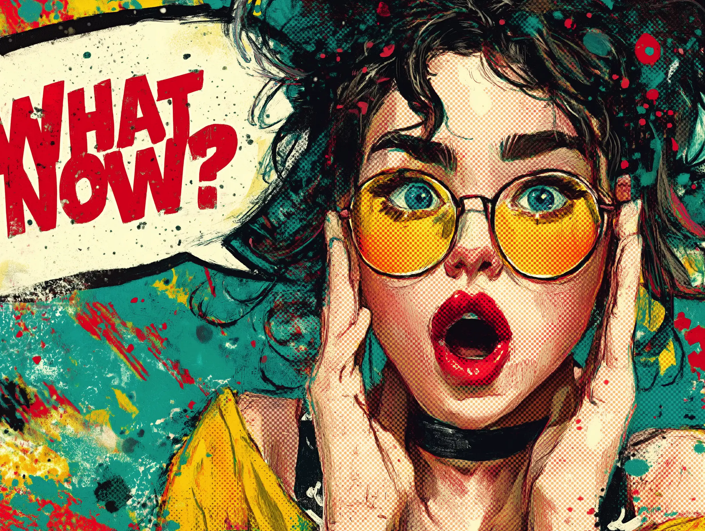 90s American comic-style female character with bold halftone texture, sharp shadows, vibrant primary colors, outlined speech bubble saying ‘What now?’ dynamic pose, crisp retro print effect