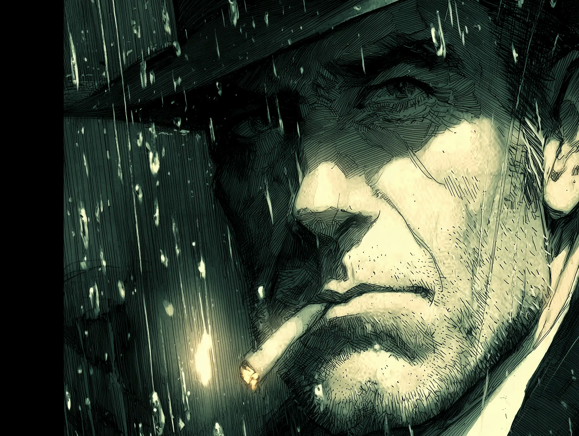 Noir-style detective with fedora and cigarette, heavy shadows, sharp jawline, dramatic one-side lighting, gritty ink texture, monochrome palette, raindrops in foreground, graphic-novel tone
