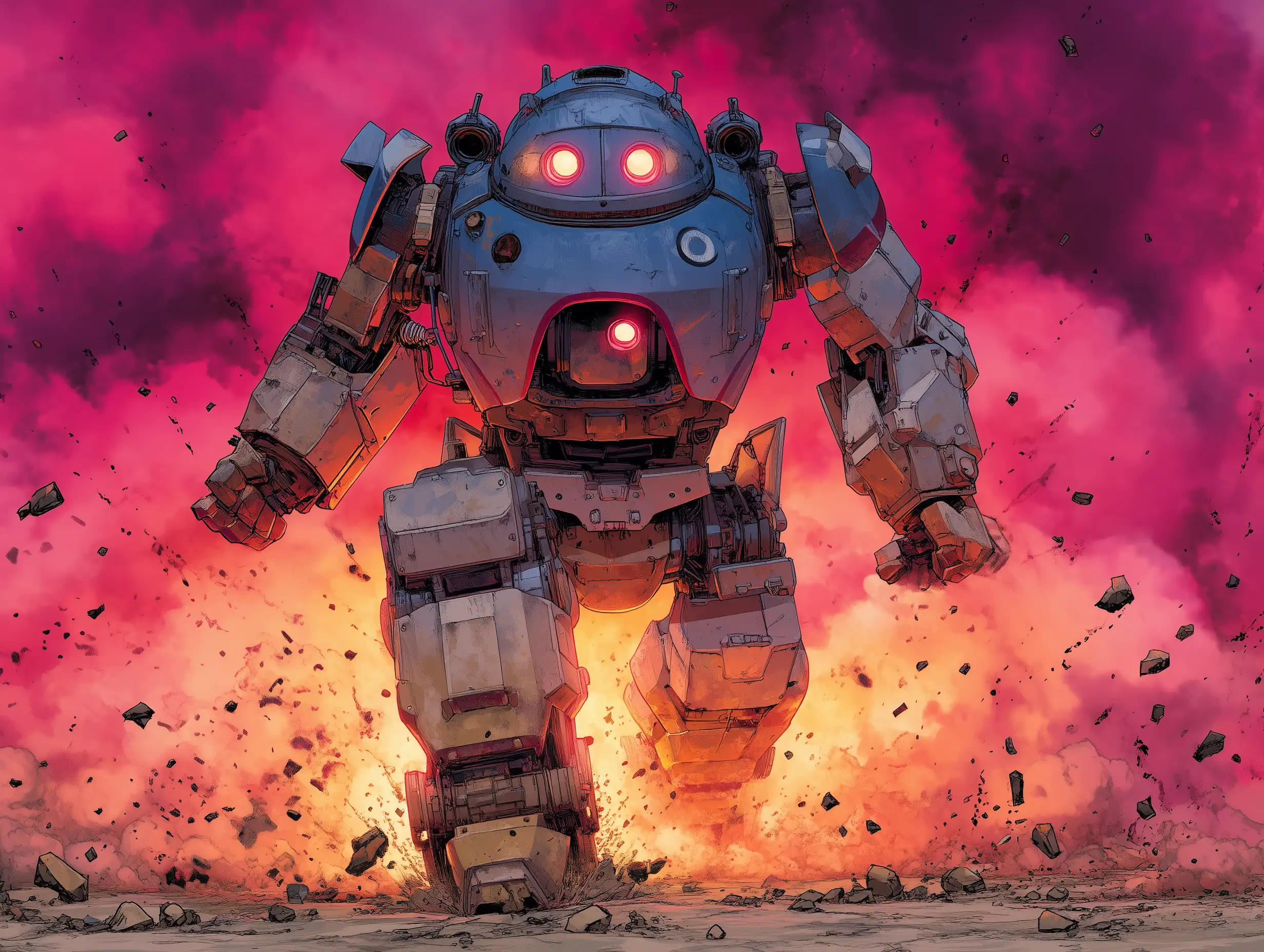 A massive mecha stepping out of smoke with glowing lights, heavy steel shading, bold comic outlines, sparks and debris in frame, dramatic low camera angle, futuristic comic style
