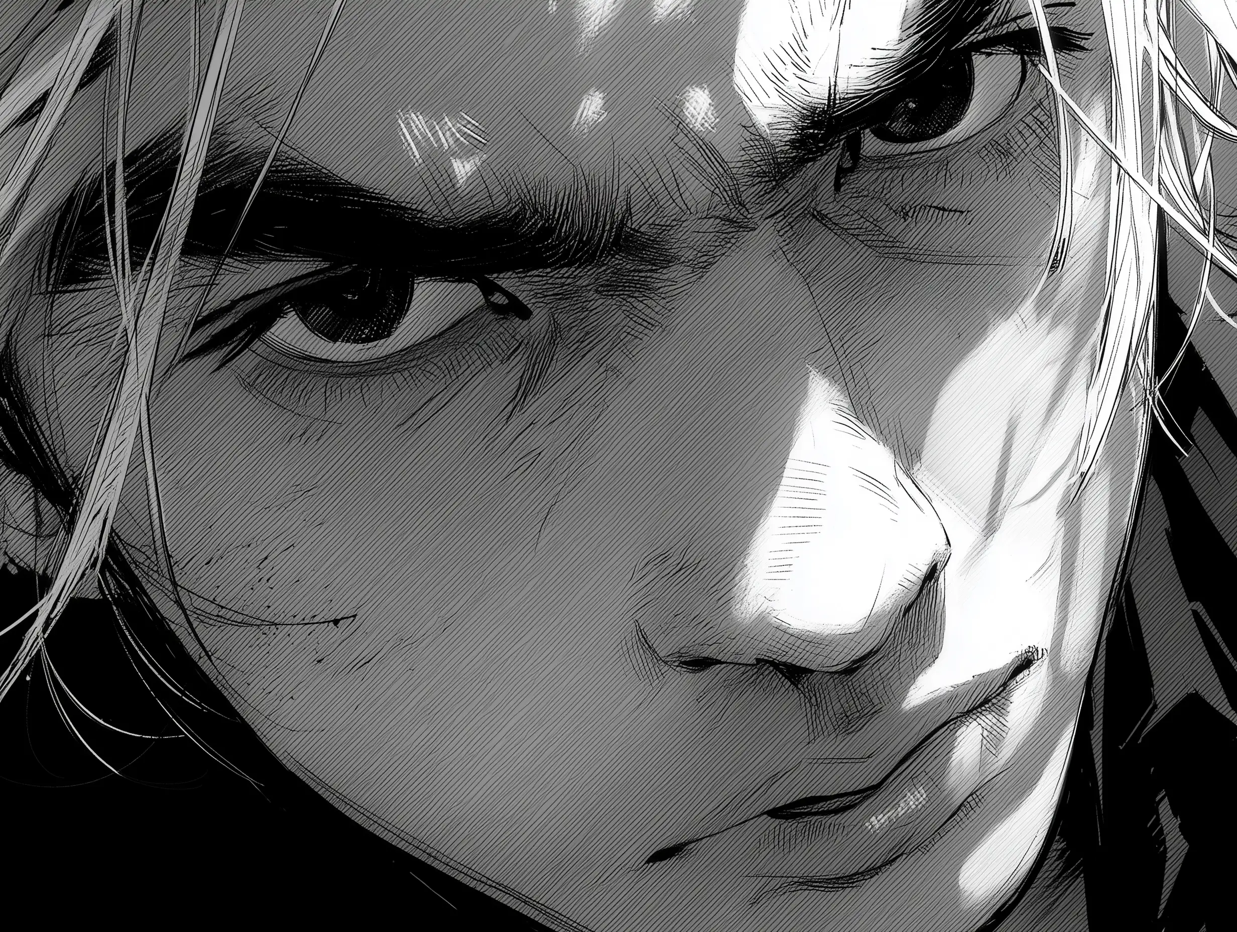 A determined manga hero with windswept hair, strong ink lines, soft screen-tone shadows, dramatic lighting from above, detailed facial expression, black-and-white style, cinematic close-up