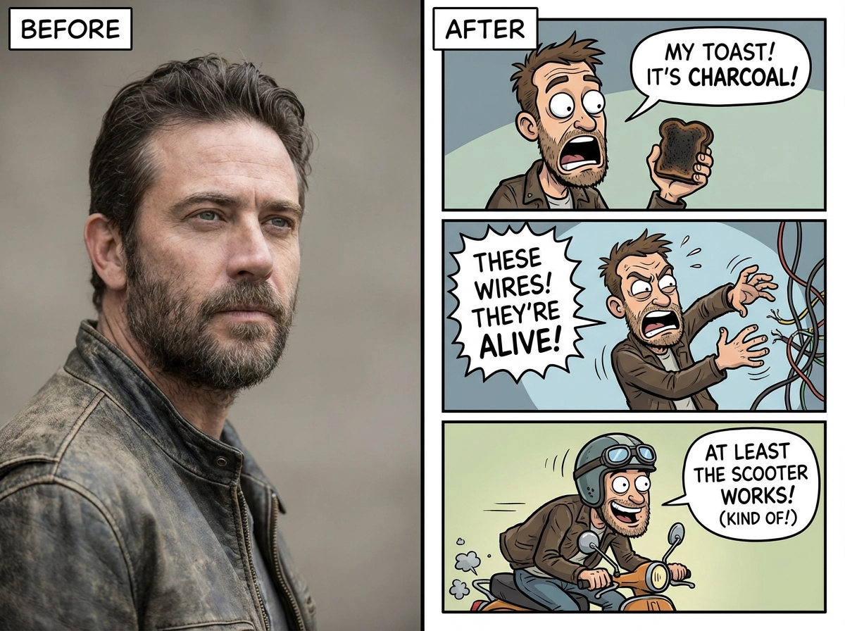 Single character → 3-panel funny comic