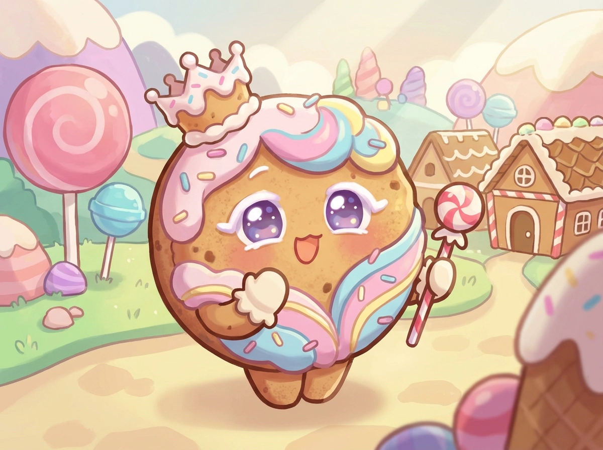 Personagem fofa no estilo Cookie Run, corpo de biscoito redondo, olhos grandes brilhantes, detalhes de cobertura pastel, expressão alegre, iluminação suave, estilo de ilustração de jogo colorido