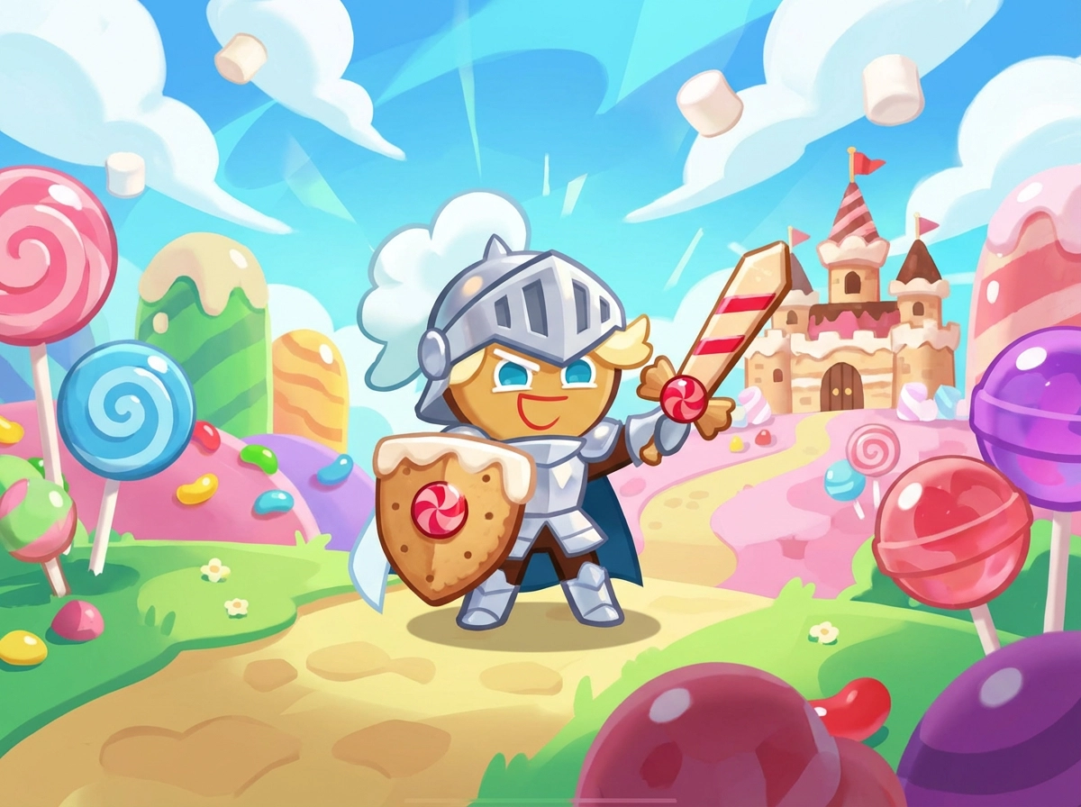Cavaleiro de biscoito de baunilha no estilo Cookie Run, armadura minúscula, sorriso alegre, fundo de fantasia brilhante, ilustração de jogo fofa