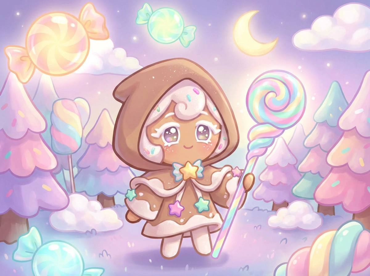 Biscoito mágico Cookie Run, cajado de doces brilhante, cores pastel de arco-íris, efeitos de luz suave, arte de fantasia adorável