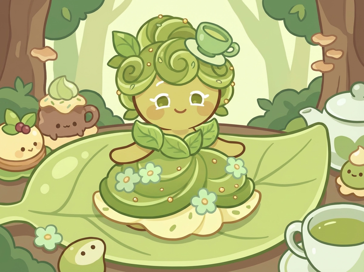 Personagem de biscoito de sobremesa Cookie Run, base de biscoito matcha, cobertura temática de folhas, paleta verde fresca, ilustração kawaii