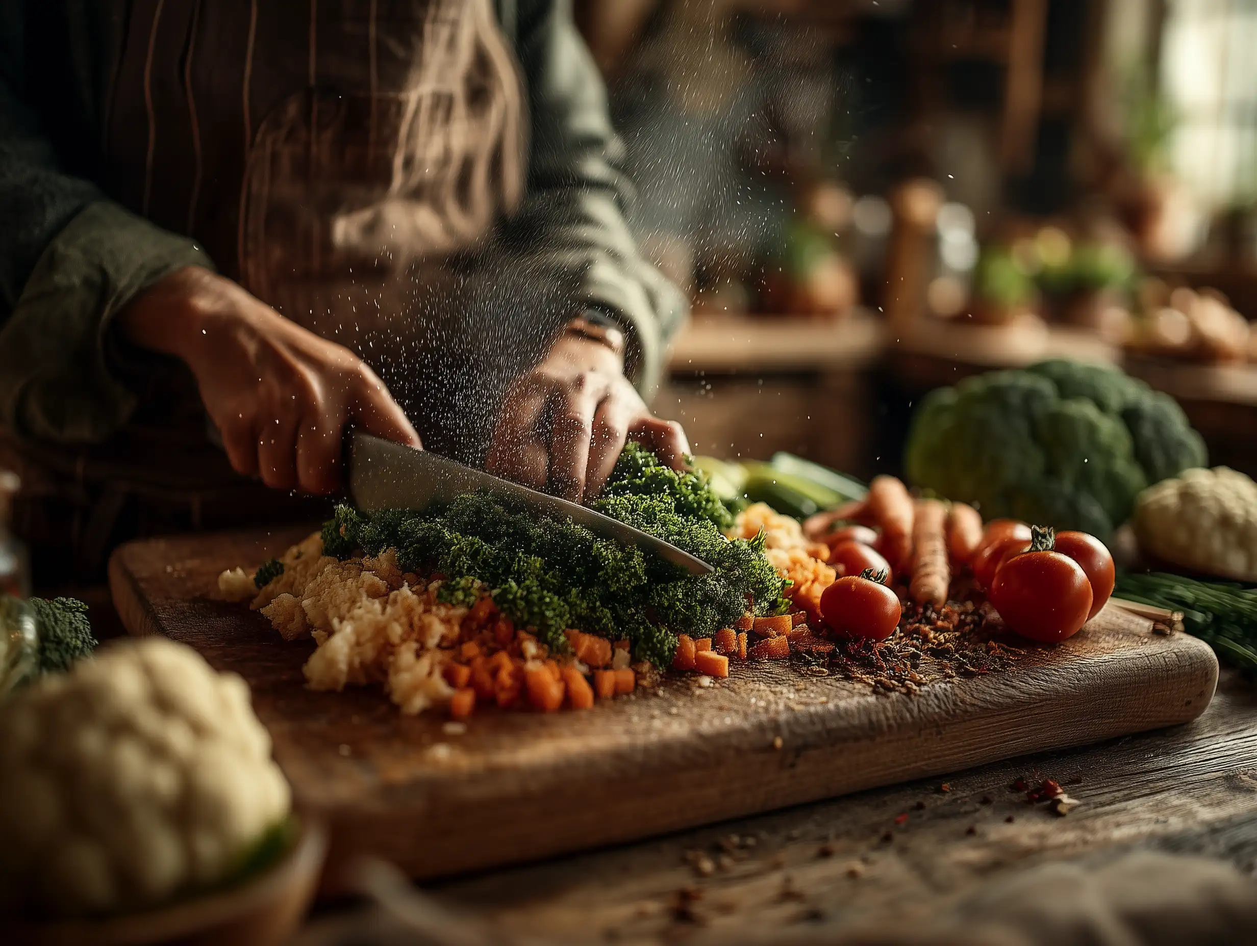 真实烹饪场景：双手在木质切菜板上切新鲜蔬菜，自然日光，干净的家庭厨房，浅景深，食物摄影风格