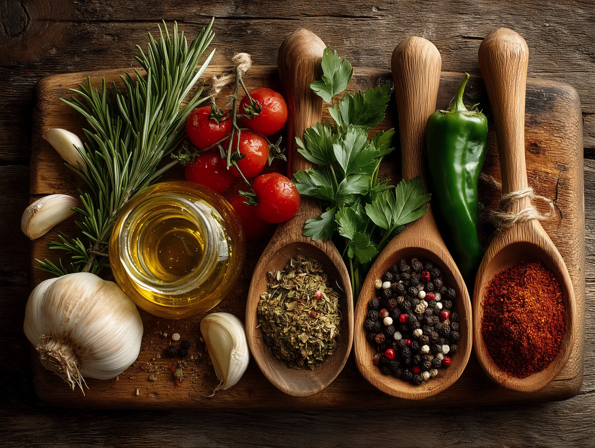 俯视新鲜烹饪食材平铺在厨房桌上，蔬菜、香草、橄榄油，干净构图，现代食物造型