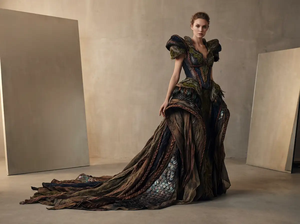 Fantasy couture dress costume, dramatic silhouette, handcrafted textures, soft studio lighting, high-end fashion concept
