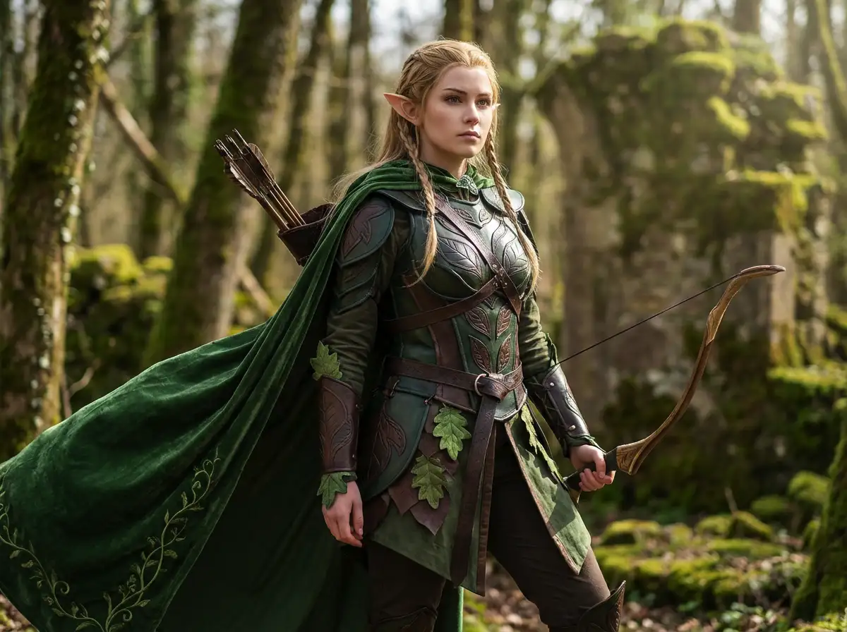 Fantasy elf archer costume, leather armor, leaf patterns, long cape, anime fantasy style, sharp focus