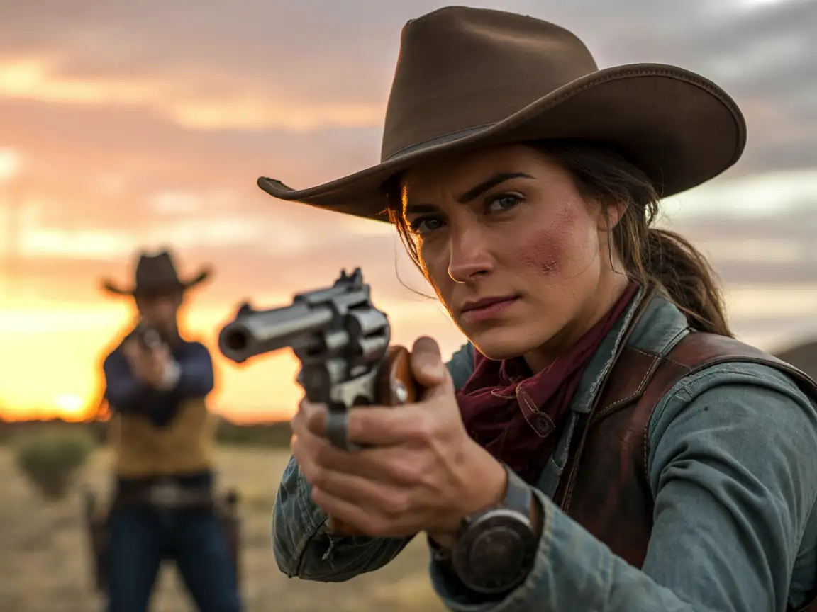 A cowgirl bounty hunter dressed in rugged western attire, aiming her revolver during a sunset duel.