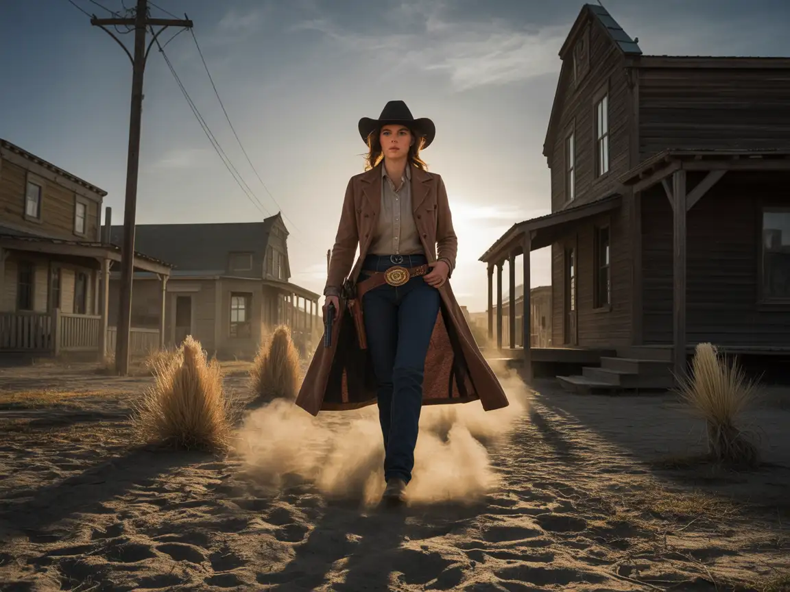 A female cowgirl gunslinger in a long, flowing coat, walking confidently through a deserted ghost town.