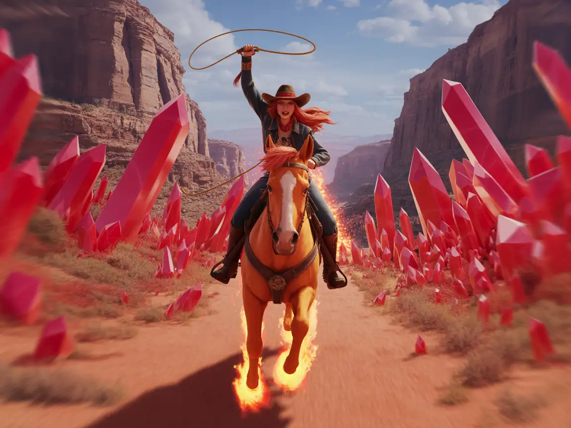 A heroic cowgirl in a detailed outfit, riding a flaming horse. The canyon is filled with large red crystals that sparkle under the light.