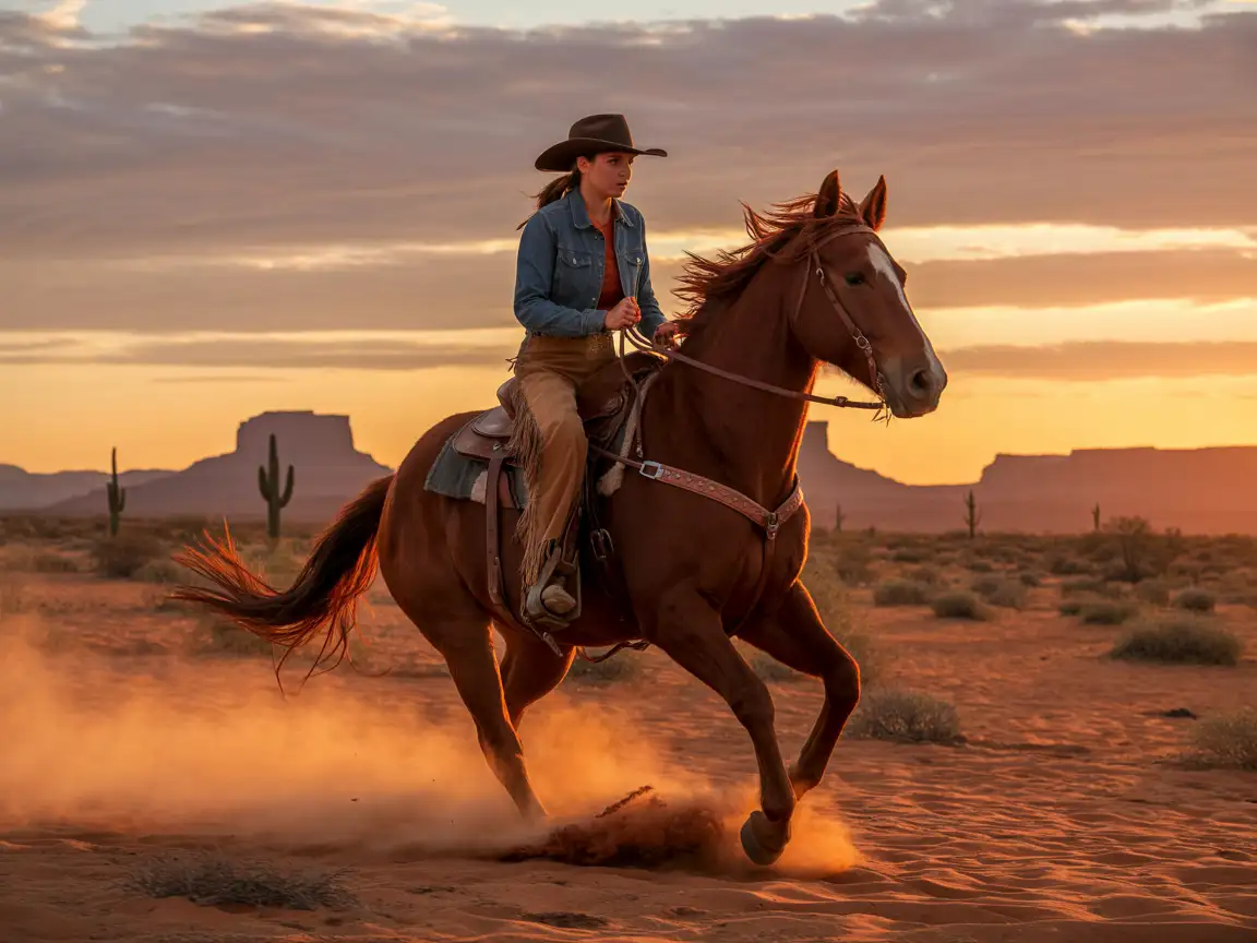 A fierce cowgirl riding a galloping horse through a dusty desert at sunset, cinematic lighting, ultra-realistic detail.